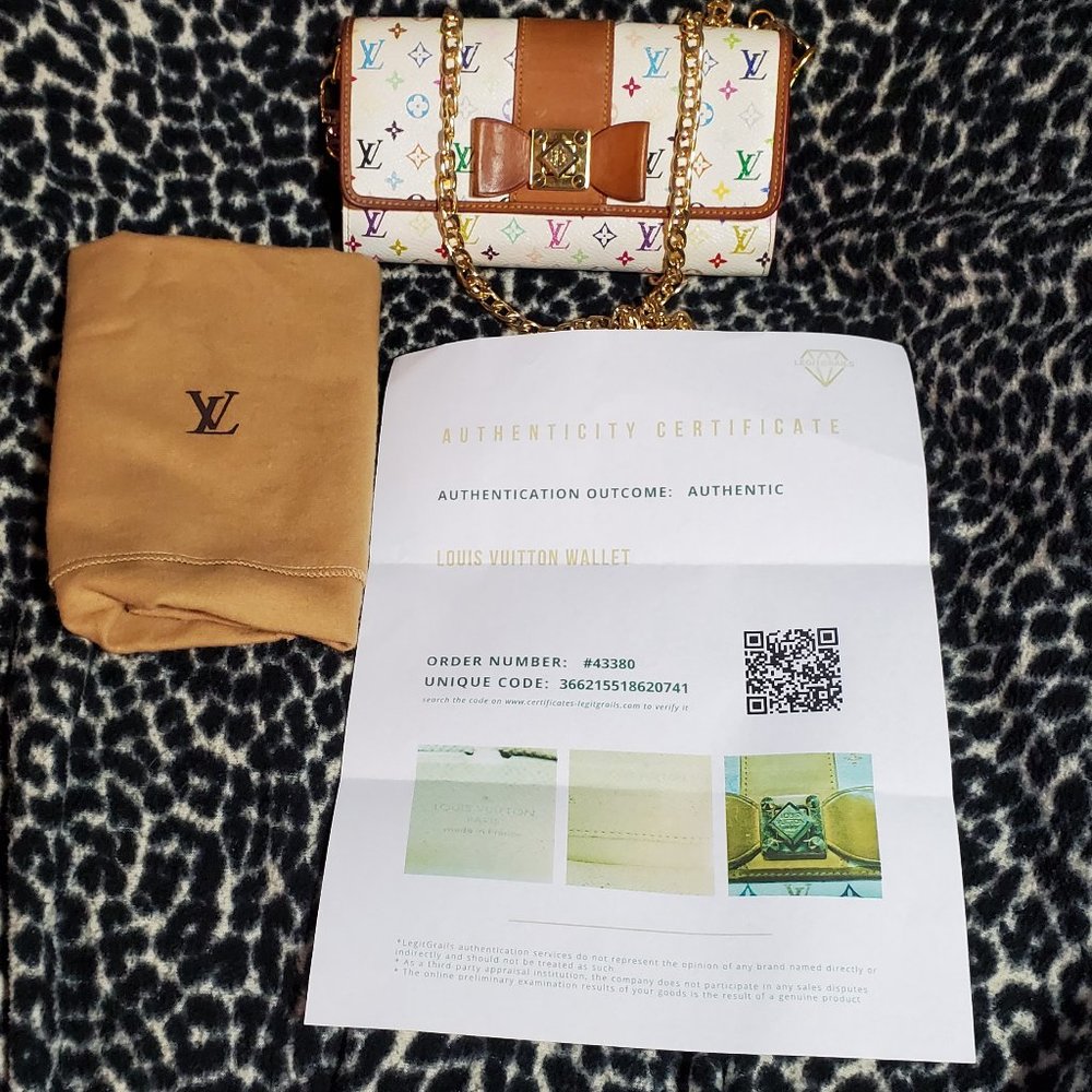 100%AUTH LOUIS VUITTON Multicolor Portefeuille Sarah Noeud Wallet on a Chain WOC